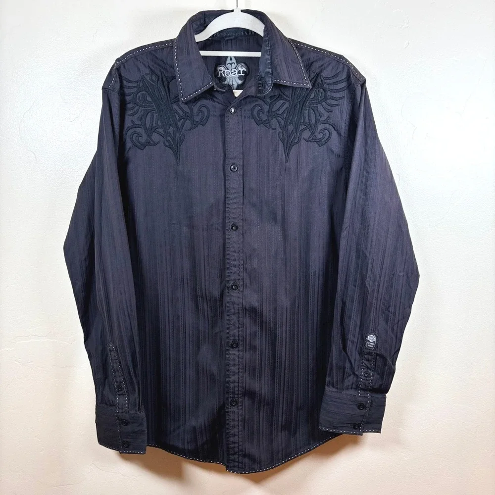 Roar Embroidered Button‎ Up Shirt Men's L Black L/S Western Goth Monochrome